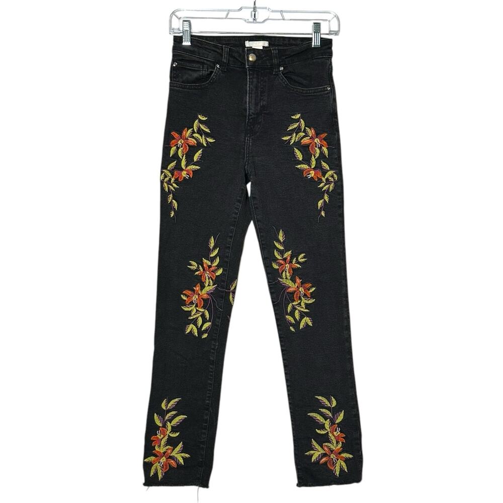 H&M black floral embroidered high rise  jeans size 4